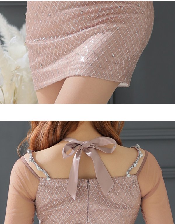 画像8: XSサイズあり【Glossy/グロッシー】ビジューチョーカー/ 長袖/ 袖あり/ ダイヤチュール/ バックリボン/ タイト/ ミニドレス/ キャバドレス【HC02】