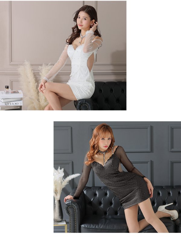 画像3: XSサイズあり【Glossy/グロッシー】ビジューチョーカー/ 長袖/ 袖あり/ ダイヤチュール/ バックリボン/ タイト/ ミニドレス/ キャバドレス【HC02】