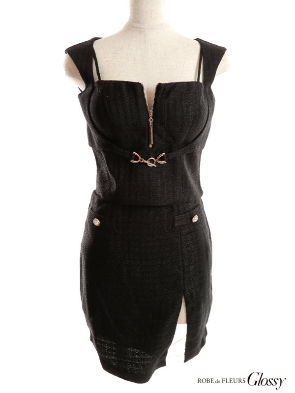 画像15: XSサイズあり【Glossy/グロッシー】スプリングツイード/ ジップ/ フロントロックデザイン/ セットアップ/ タイト/ ミニドレス/ キャバドレス【HC02】