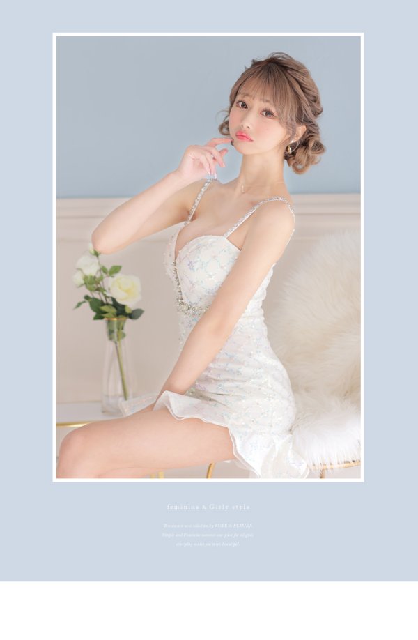 画像8: XSサイズあり【ROBE de FLEURS/ローブドフルール】スパンコール付きチュール/ アシンメトリー/ キャミソール/ フリル/ ミニドレス/ キャバドレス[OF08]