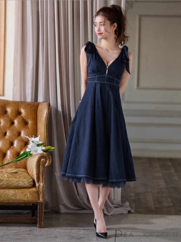 画像23: Lサイズあり【DEA./ディア】ショルダーリボン/ チュール/ フレア/ Aライン/ ストレッチ/ ミディアム丈/ ワンピース/ キャバドレス【OF08】