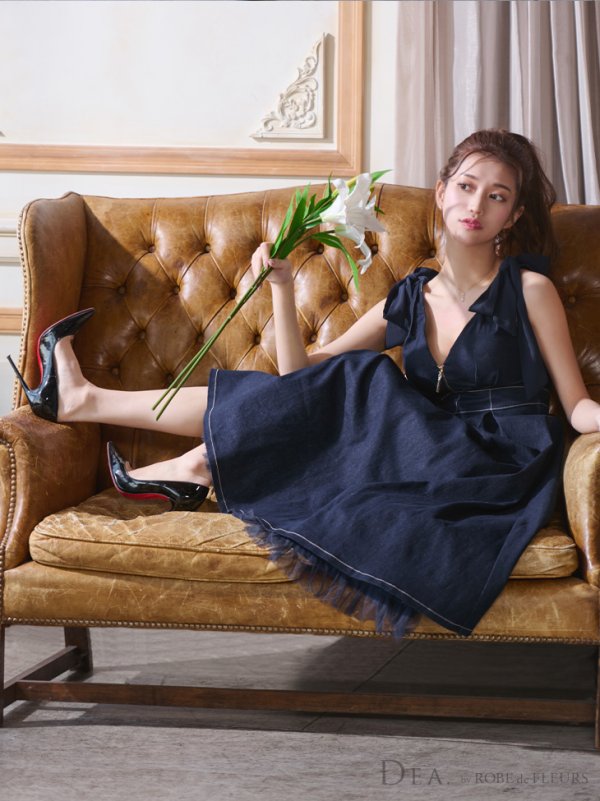 画像24: Lサイズあり【DEA./ディア】ショルダーリボン/ チュール/ フレア/ Aライン/ ストレッチ/ ミディアム丈/ ワンピース/ キャバドレス【OF08】