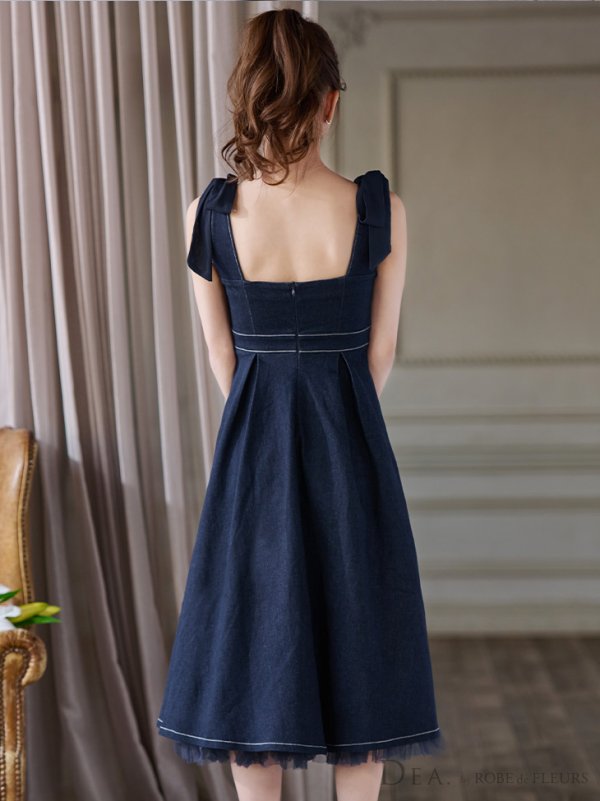 画像25: Lサイズあり【DEA./ディア】ショルダーリボン/ チュール/ フレア/ Aライン/ ストレッチ/ ミディアム丈/ ワンピース/ キャバドレス【OF08】