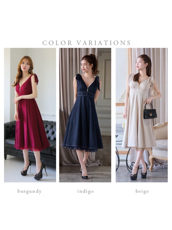 画像35: Lサイズあり【DEA./ディア】ショルダーリボン/ チュール/ フレア/ Aライン/ ストレッチ/ ミディアム丈/ ワンピース/ キャバドレス【OF08】