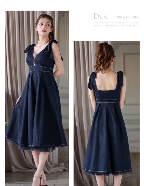 画像27: Lサイズあり【DEA./ディア】ショルダーリボン/ チュール/ フレア/ Aライン/ ストレッチ/ ミディアム丈/ ワンピース/ キャバドレス【OF08】