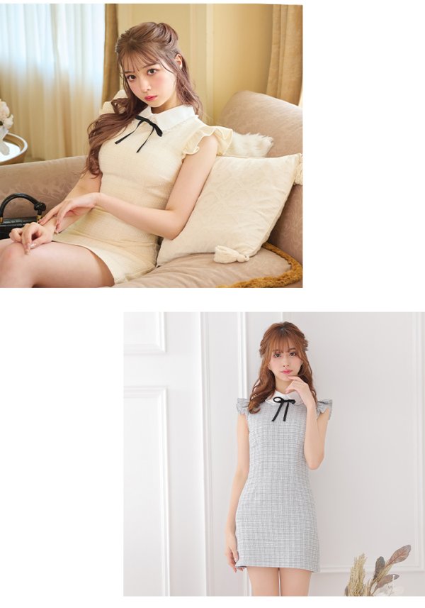 画像4: XSサイズあり【ROBE de FLEURS/ローブドフルール】ラメツイード/ リボン/ 襟付き/ フリル/ ワンピース/ ミニドレス/ キャバドレス[OF08]