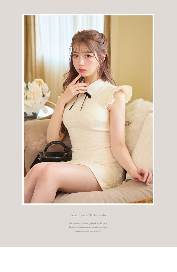 画像5: XSサイズあり【ROBE de FLEURS/ローブドフルール】ラメツイード/ リボン/ 襟付き/ フリル/ ワンピース/ ミニドレス/ キャバドレス[OF08]