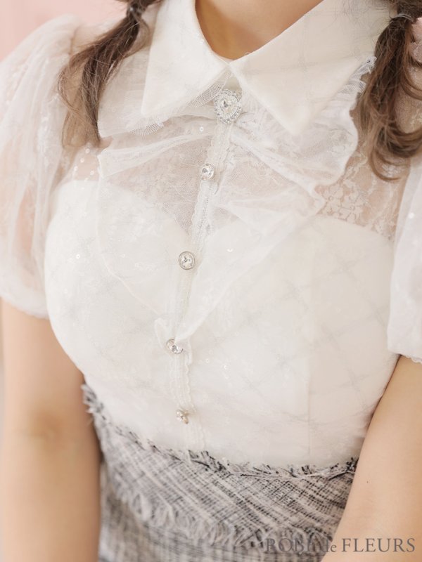 画像4: XSサイズあり【ROBE de FLEURS/ローブドフルール】パフスリーブ/ ラメツイード/ ビジュー/ 台形スカート/ ミニドレス/ キャバドレス[OF08]