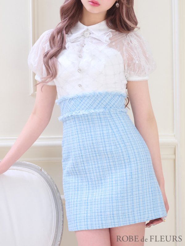 画像9: XSサイズあり【ROBE de FLEURS/ローブドフルール】パフスリーブ/ ラメツイード/ ビジュー/ 台形スカート/ ミニドレス/ キャバドレス[OF08]