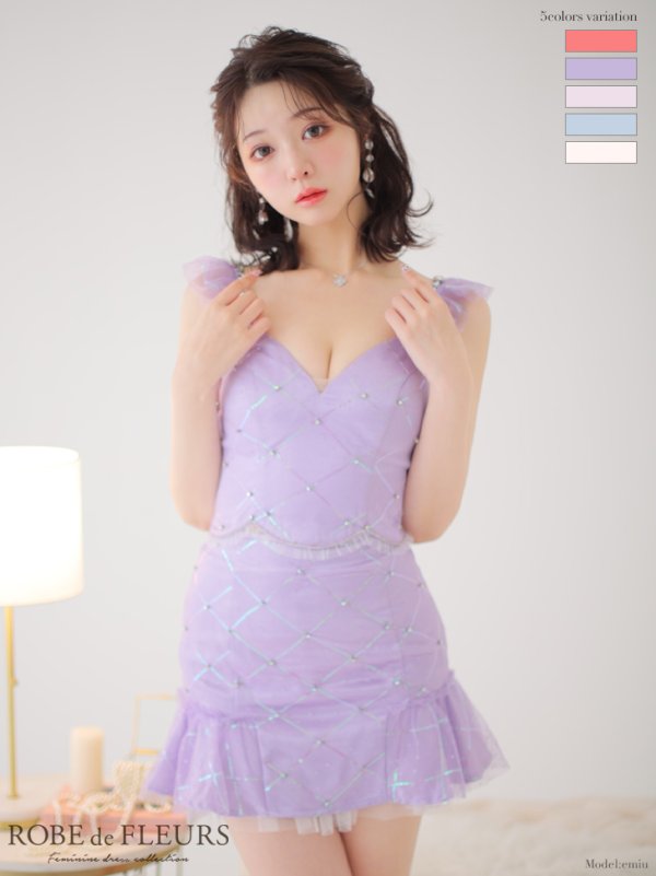 画像2: XSサイズあり【ROBE de FLEURS/ローブドフルール】スパンコール/ ドットチュール/ セットアップ/ノースリーブ/ フリル/ ミニドレス/ キャバドレス