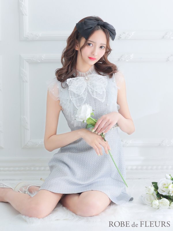 画像2: XS〜Lサイズあり【ROBE de FLEURS/ローブドフルール】レース/ ビジュー/ サマーツイード/ Aライン/ フレア/ ノースリーブ/ ミニドレス/ キャバドレス[OF2]