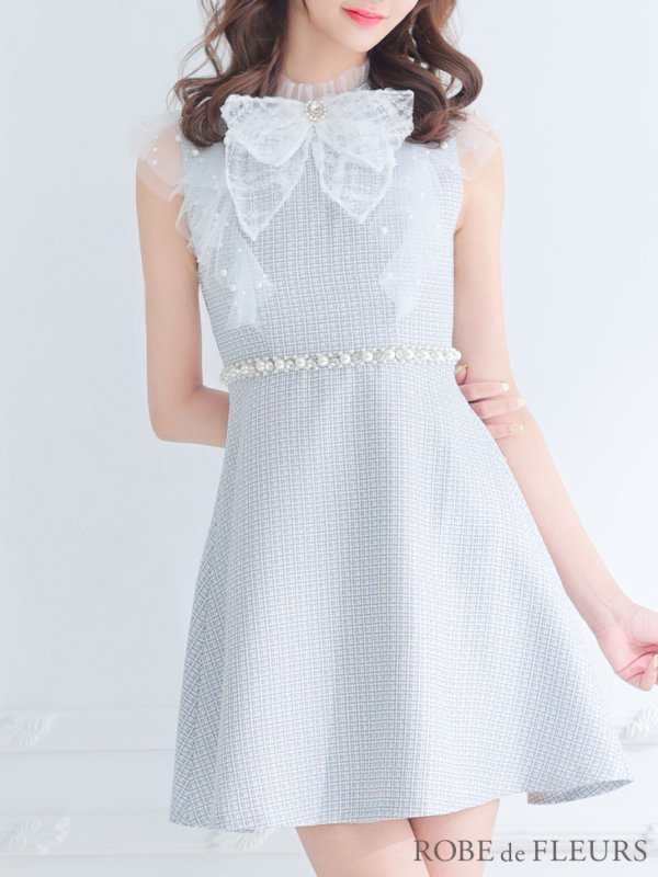 画像7: XS〜Lサイズあり【ROBE de FLEURS/ローブドフルール】レース/ ビジュー/ サマーツイード/ Aライン/ フレア/ ノースリーブ/ ミニドレス/ キャバドレス[OF08]