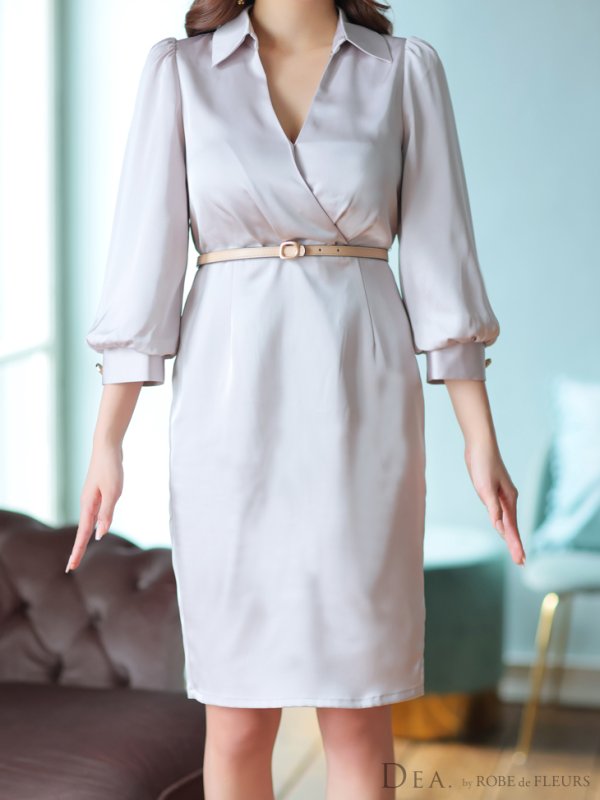 画像12: Lサイズあり【DEA./ディア】サテン/ ロングスリーブ/ 七分袖/ 長袖/ 袖あり/ ベルト付き/ 膝丈/ タイト/ ミディアムドレス/ キャバドレス【OF08】