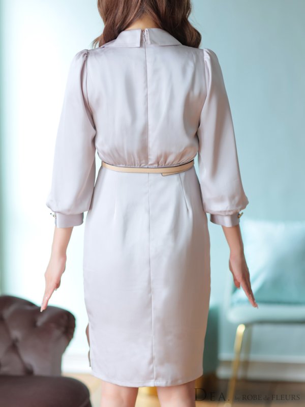 画像13: Lサイズあり【DEA./ディア】サテン/ ロングスリーブ/ 七分袖/ 長袖/ 袖あり/ ベルト付き/ 膝丈/ タイト/ ミディアムドレス/ キャバドレス【OF08】