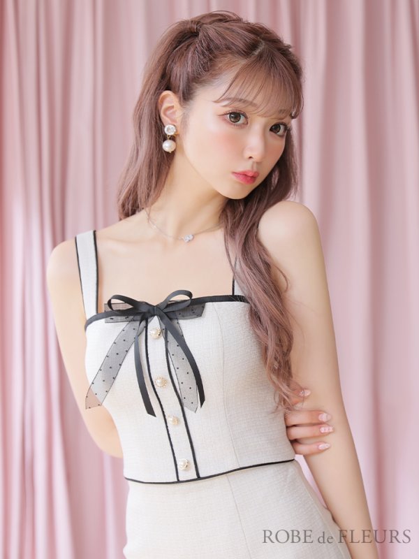 画像2: XS〜Lサイズあり【ROBE de FLEURS/ローブドフルール】 チュールリボン/ ツイード / ノースリーブ/ セットアップ/ ミニドレス/ キャバドレス[OF2]