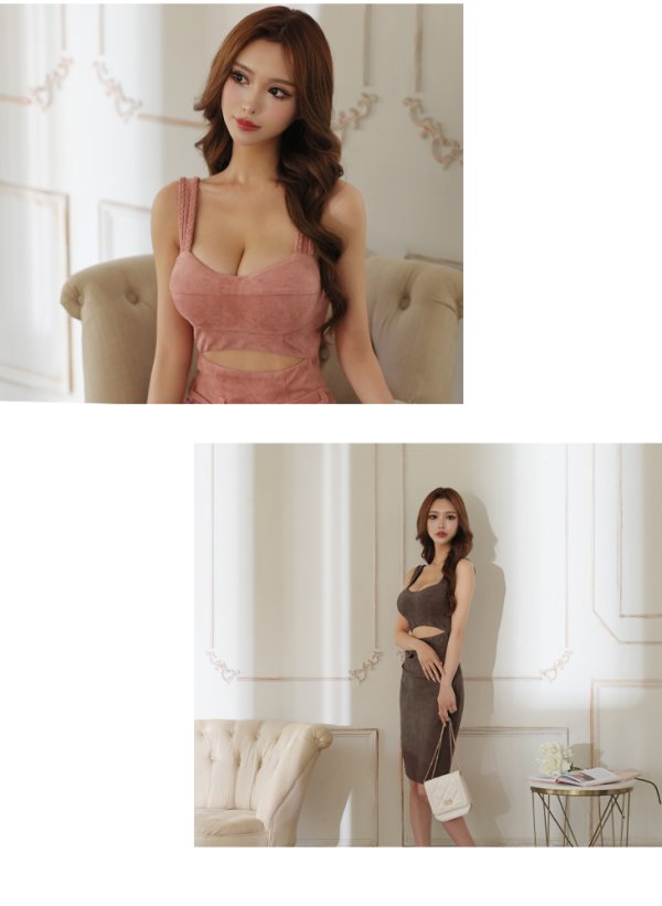 画像9: Lサイズあり【DEA./ディア】スウェード/ ウエストカットデザイン/ ノースリーブ/ ストレッチ/ ミディアム丈/ タイト/ ミディアムドレス/ キャバドレス【OF08】