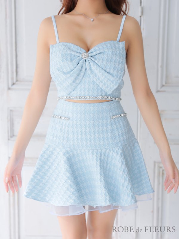 画像5: XSサイズあり【ROBE de FLEURS/ローブドフルール】フロントリボン/ セットアップ/ キャミソール/ ジャガード/ フレア/ ミニドレス/ キャバドレス[OF08]