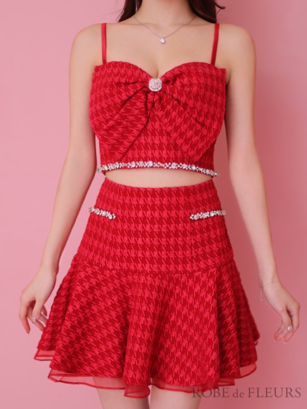 画像4: XSサイズあり【ROBE de FLEURS/ローブドフルール】フロントリボン/ セットアップ/ キャミソール/ ジャガード/ フレア/ ミニドレス/ キャバドレス[OF08]