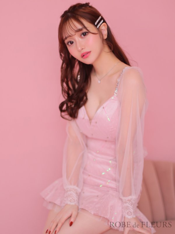 画像9: XSサイズあり【ROBE de FLEURS/ローブドフルール】スパンコール/ ドットチュール/ 袖あり/ 長袖/ セットアップ/ ビジュー/ フレア/ ミニドレス/ キャバドレス[OF08]