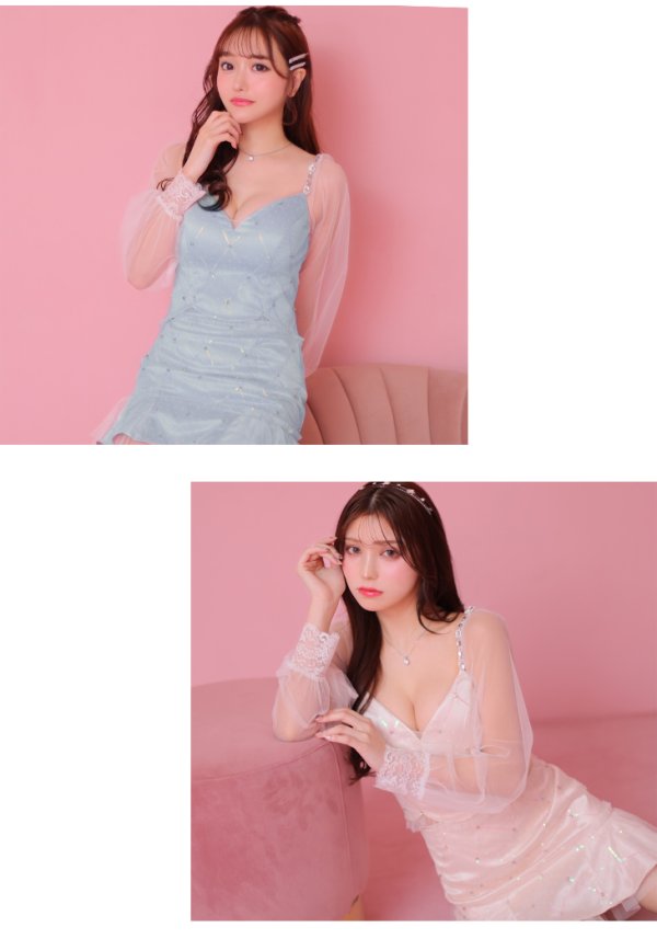 画像10: XSサイズあり【ROBE de FLEURS/ローブドフルール】スパンコール/ ドットチュール/ 袖あり/ 長袖/ セットアップ/ ビジュー/ フレア/ ミニドレス/ キャバドレス[OF08]