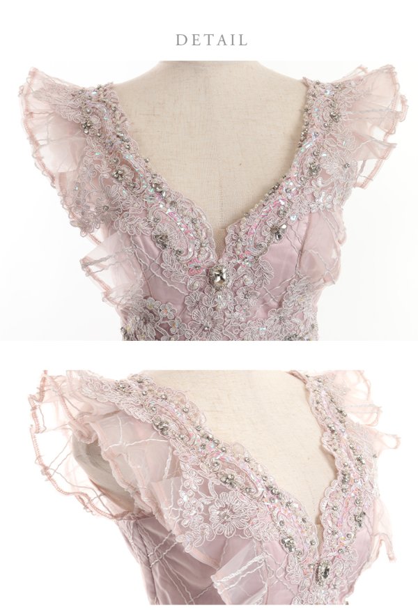 画像13: XSサイズあり【ROBE de FLEURS/ローブドフルール】ブロックチュール/ Vネック/ フリル袖/ シアー/ タイト/ ミニドレス/ キャバドレス[OF08]