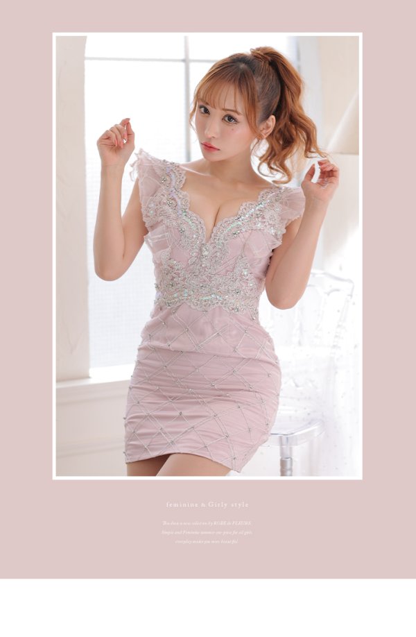 画像5: XSサイズあり【ROBE de FLEURS/ローブドフルール】ブロックチュール/ Vネック/ フリル袖/ シアー/ タイト/ ミニドレス/ キャバドレス[OF08]