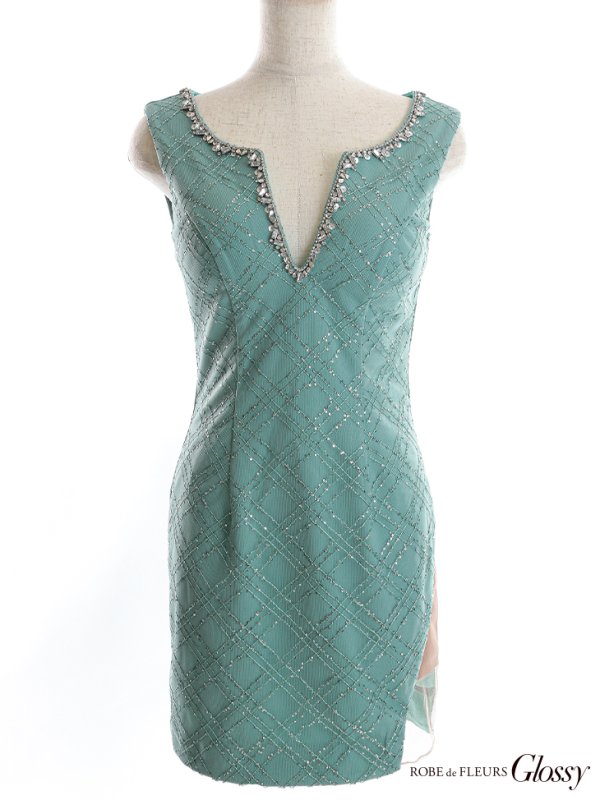 画像19: XSサイズあり【Glossy/グロッシー】ダイヤ柄/ スパンコール/ ビジュー/ スリットネック/ キーネック/ タイト/ ミニドレス/ キャバドレス【HC02】