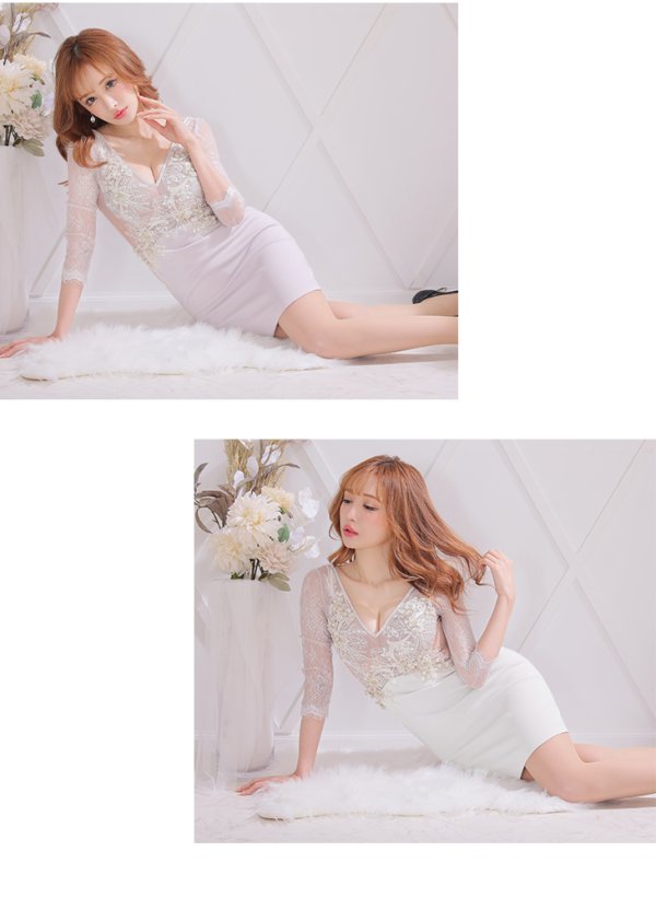画像5: XSサイズあり【Glossy/グロッシー】立体フラワー/ レース/ 七分袖/ 長袖/ 袖あり/ ストレッチ/ タイト/ ミニドレス/ キャバドレス【HC02】