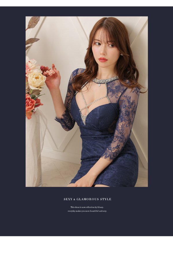画像25: XS?Lサイズあり【Glossy/グロッシー】ビジュークロス/ レーススリーブ/ 七分袖/ 長袖/ 袖あり/ タイト/ ミニドレス/ キャバドレス【HC02】