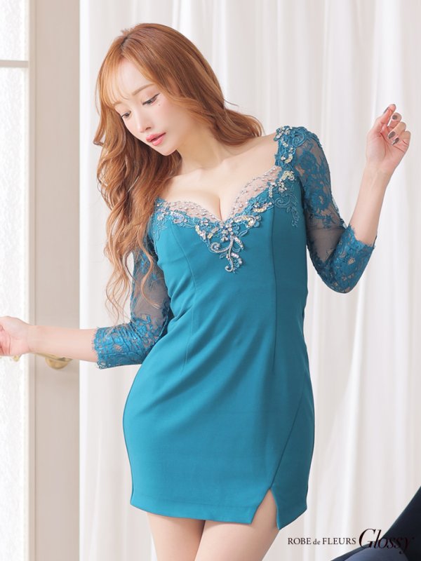 画像6: 【Glossy/グロッシー】袖あり/ バストビジュー/ レーススリーブ/ 七分袖/ 長袖/ ストレッチ/ タイト/ ミニドレス/ キャバドレス【HC02】