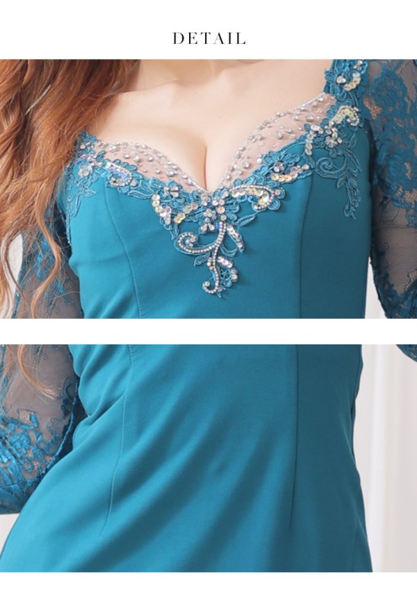 画像13: 【Glossy/グロッシー】袖あり/ バストビジュー/ レーススリーブ/ 七分袖/ 長袖/ ストレッチ/ タイト/ ミニドレス/ キャバドレス【HC02】