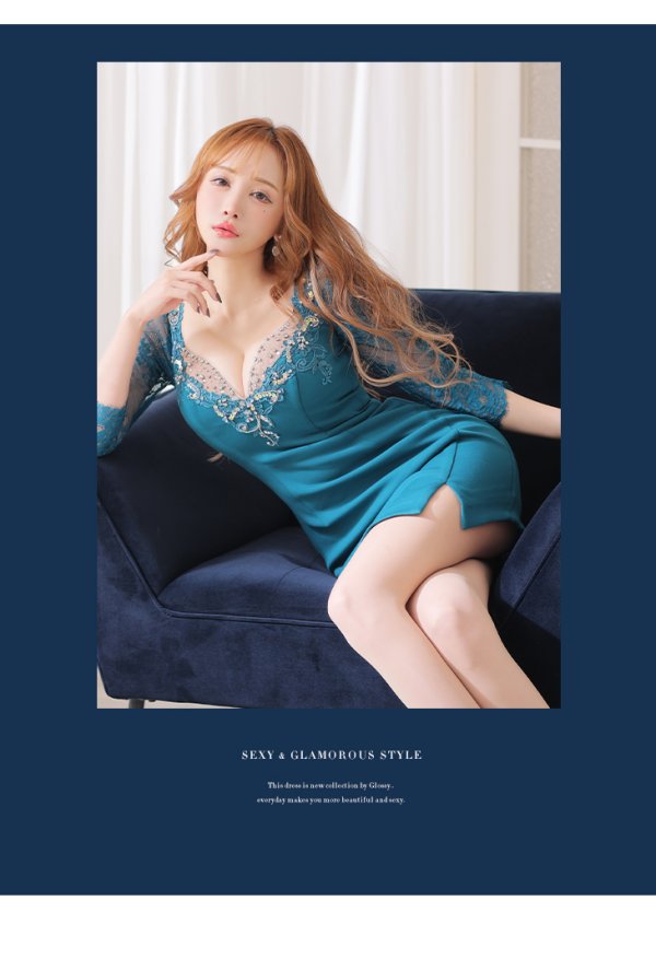 画像11: 【Glossy/グロッシー】袖あり/ バストビジュー/ レーススリーブ/ 七分袖/ 長袖/ ストレッチ/ タイト/ ミニドレス/ キャバドレス【HC02】