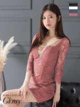 XS-Lサイズあり【ROBE de FLEURS Glossy/ローブ・ド・フルール グロッシー】バストビジュー/ レーススリーブ/ 袖あり/ ワンカラー/ 総レース/ タイト/ ミニドレス/ キャバドレス[OF2]