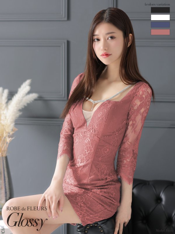 画像2: XS-Lサイズあり【ROBE de FLEURS Glossy/ローブ・ド・フルール グロッシー】バストビジュー/ レーススリーブ/ 袖あり/ ワンカラー/ 総レース/ タイト/ ミニドレス/ キャバドレス[OF2]