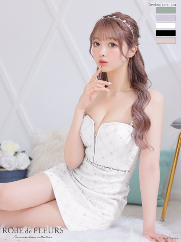 XSサイズあり【ROBE de FLEURS/ローブドフルール】クリスタルビジュー/ フロントジップ/ キャミソール/ ミニドレス/ キャバドレス[OF2]　ホワイト