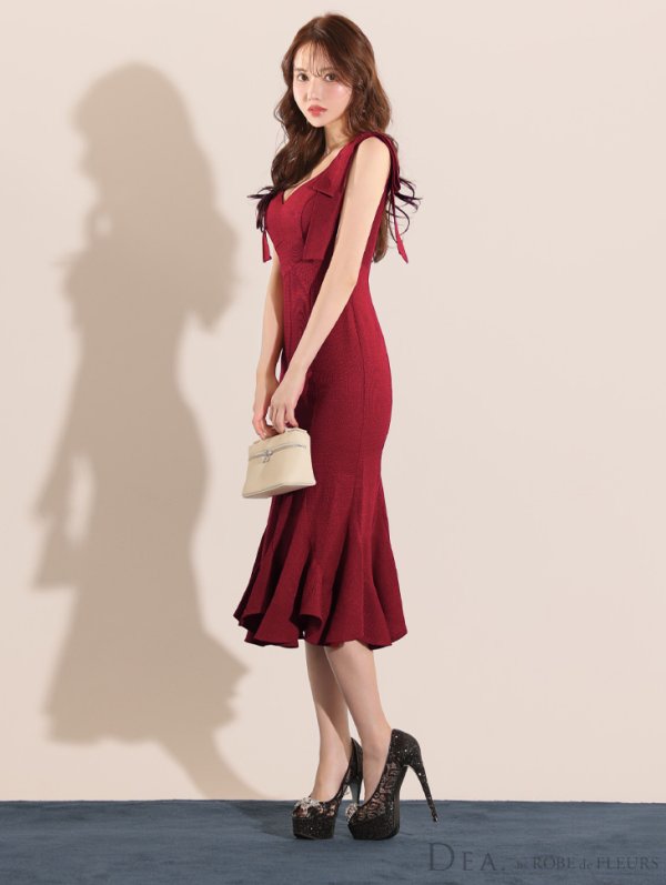 画像13: XS-Lサイズあり【DEA./ディア】ショルダーリボン/ マーメイド/ ノースリーブ/ ワンカラー/ ミモレ丈/ ミディアムドレス/ キャバドレス【OF08】