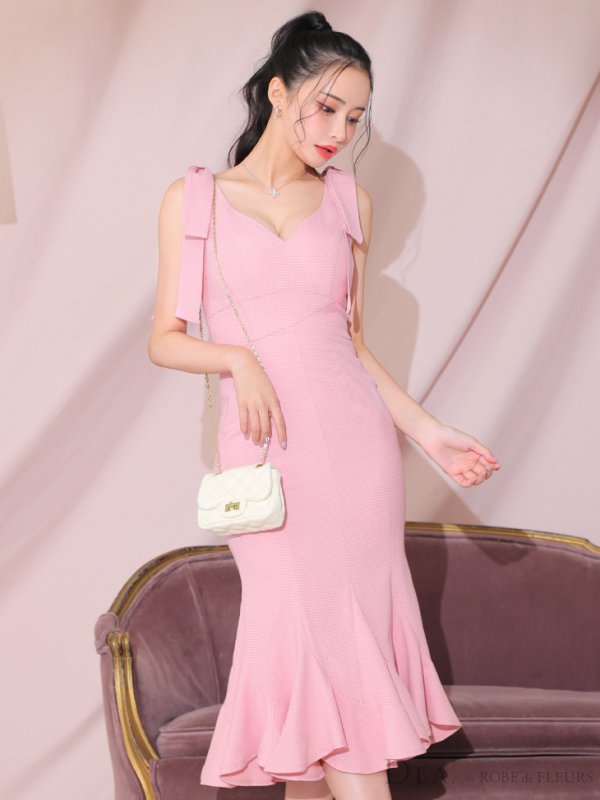 画像16: XS-Lサイズあり【DEA./ディア】ショルダーリボン/ マーメイド/ ノースリーブ/ ワンカラー/ ミモレ丈/ ミディアムドレス/ キャバドレス【OF08】