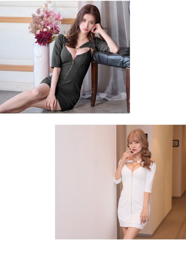 画像17: XSサイズあり【Glossy/グロッシー】袖あり/ バックルフロント/ ジッパー/ ワンカラー/ ストレッチ/ タイト/ ミニドレス/ キャバドレス【OF08】