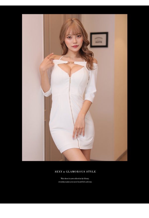 画像18: XSサイズあり【Glossy/グロッシー】袖あり/ バックルフロント/ ジッパー/ ワンカラー/ ストレッチ/ タイト/ ミニドレス/ キャバドレス【OF08】