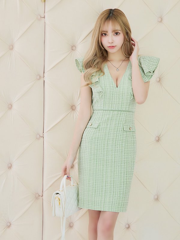 画像3: XS-Lサイズあり【DEA./ディア】スプリングツイード/ フリル/ パールボタン/ タイト/ ワンピース/ ミニドレス/ キャバドレス【OF08】