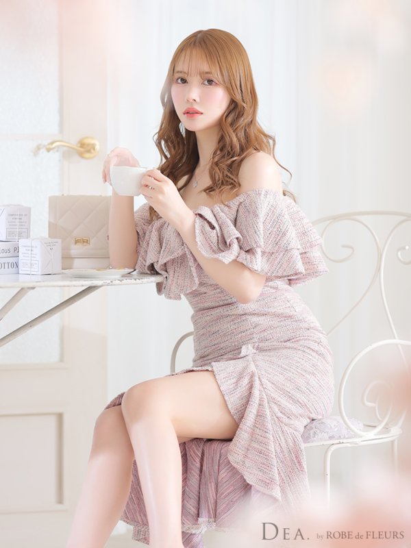 画像7: Lサイズあり【DEA./ディア】オフショル/ マーメード/ フリル/ ニット/ ツイード/ ミモレ丈/ ミディアムドレス/ キャバドレス【OF08】