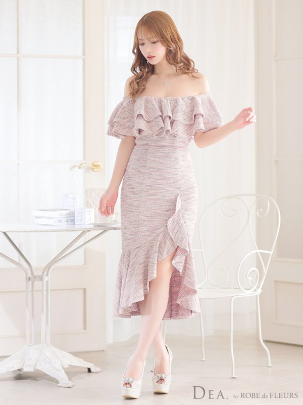 画像8: Lサイズあり【DEA./ディア】オフショル/ マーメード/ フリル/ ニット/ ツイード/ ミモレ丈/ ミディアムドレス/ キャバドレス【OF08】