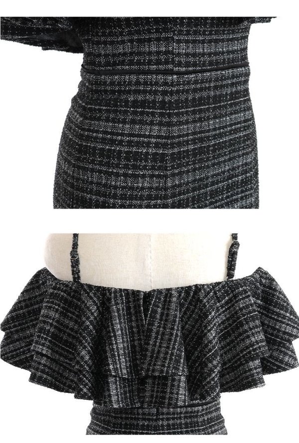 画像14: Lサイズあり【DEA./ディア】オフショル/ マーメード/ フリル/ ニット/ ツイード/ ミモレ丈/ ミディアムドレス/ キャバドレス【OF08】