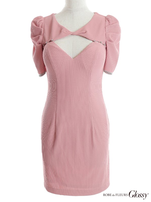 画像16: XSサイズあり【Glossy/グロッシー】袖あり/ リブニット/ バストカット/ パール/ ストレッチ/ タイト/ ミニドレス/ キャバドレス【OF08】