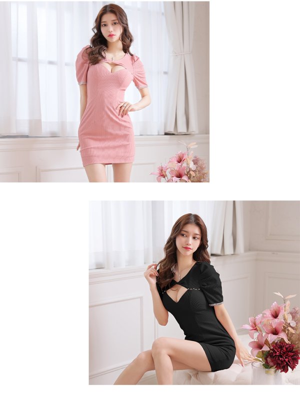 画像11: XSサイズあり【Glossy/グロッシー】袖あり/ リブニット/ バストカット/ パール/ ストレッチ/ タイト/ ミニドレス/ キャバドレス【OF08】