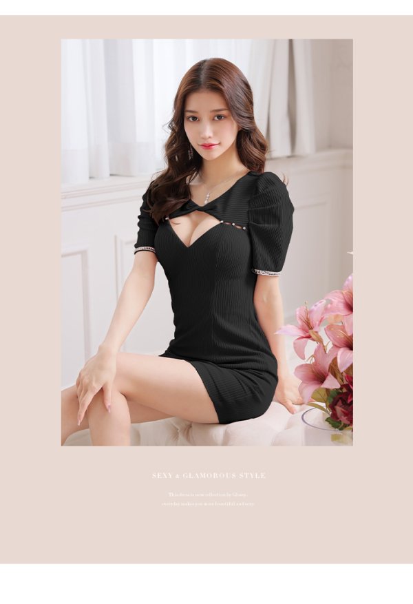 画像10: XSサイズあり【Glossy/グロッシー】袖あり/ リブニット/ バストカット/ パール/ ストレッチ/ タイト/ ミニドレス/ キャバドレス【OF08】