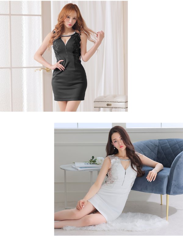 画像5: XSサイズあり【Glossy/グロッシー】フロントジップ/ フラワーモチーフ/ レース/ ネックビジュー/ サイドシアー/ タイト/ ミニドレス/ キャバドレス【OF08】