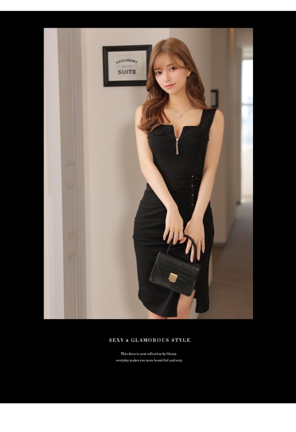 画像11: XSサイズあり【Glossy/グロッシー】フロントジップ/ スタッズ/ ストレッチ/ ワンカラー/ タイト/ ミディアムドレス/ キャバドレス【丈違いあり】【OF08】