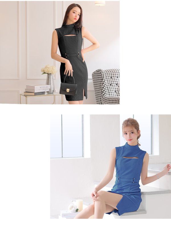 画像6: XS-Lサイズあり【DEA./ディア】バストカット/ バックル/ ワンカラー/ ノースリーブ/ タイト/ 膝丈/ ミディアムドレス/ キャバドレス【OF08】