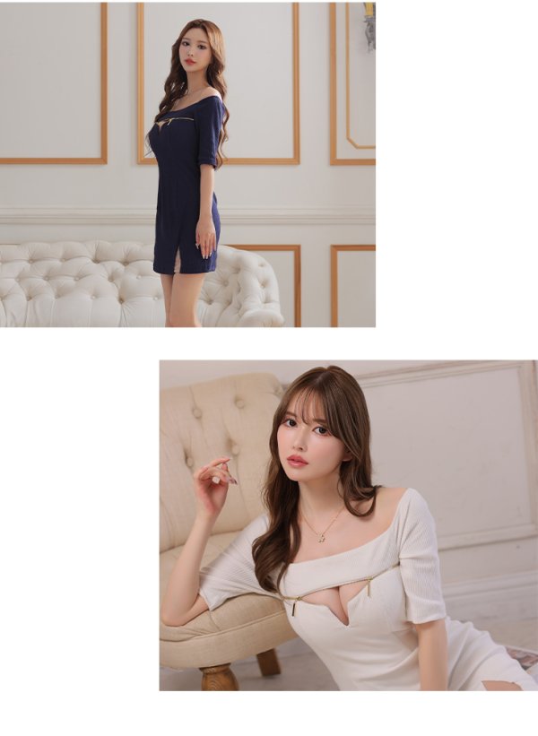 画像10: XSサイズあり【Glossy/グロッシー】袖あり/ バストジッパー/ リブニット/ ワンカラー/ 半袖/ オフショル/ ストレッチ/ タイト/ ミニドレス/ キャバドレス【OF08】